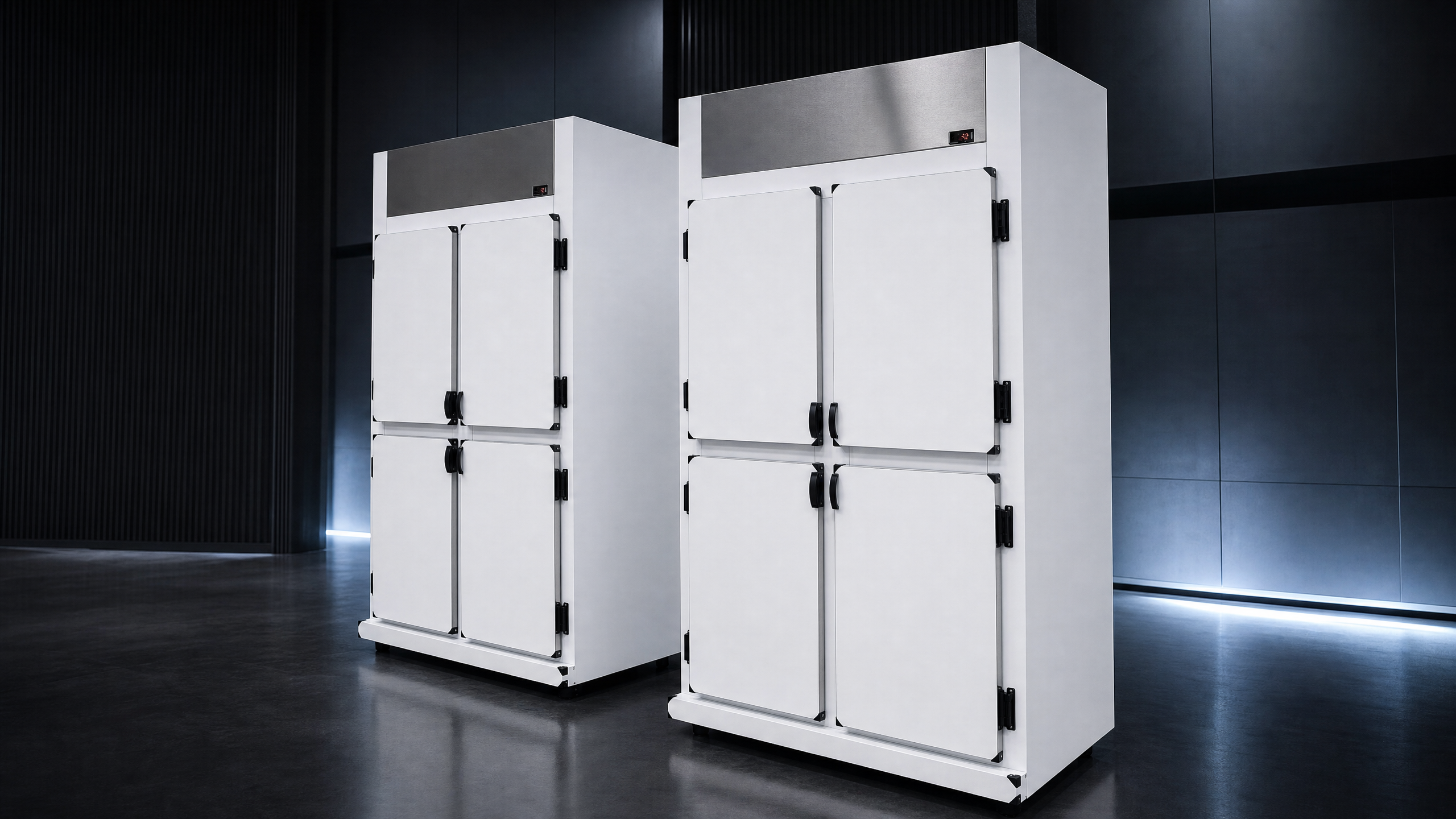 Refrigeradores Verticais Técnicos POWERTEC em apresentação premium de catálogo industrial