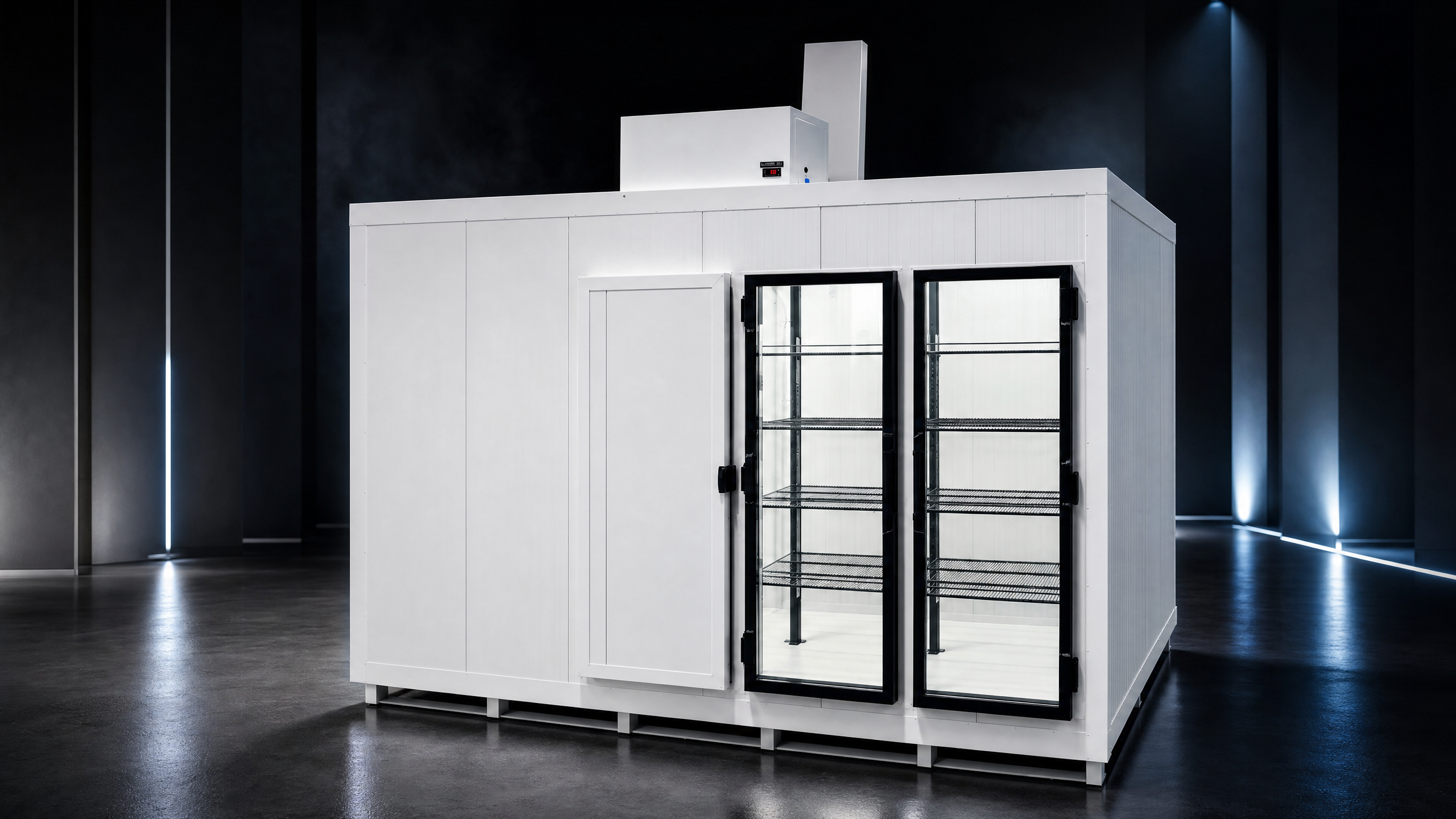 Câmara Fria com Exposição Integrada POWERTEC em apresentação premium de catálogo industrial